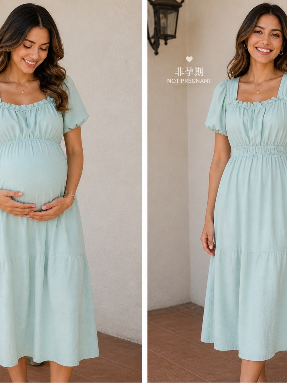 Not Pregnant Mint Puff-Sleeve Midi Dress